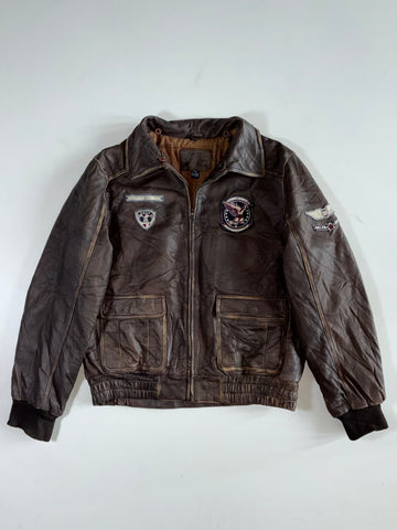 Air Combat Command” Military Patch Leather Jacket (M)