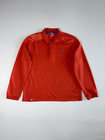 Puma Long Sleeve Performance Polo with Checkered Shoulder Panels – Rust Orange (XL)