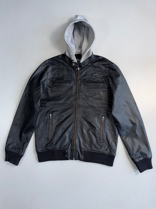 !      Jack & Jones Core Genuine Leather Jacket | Detachable Grey Hood (XL)