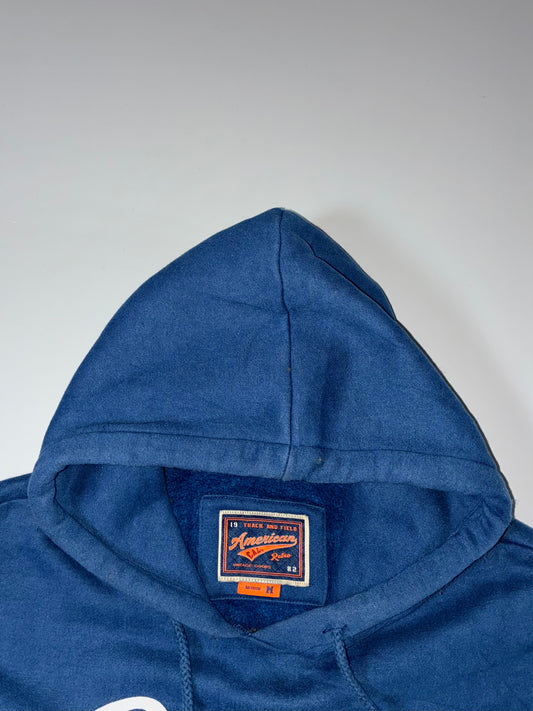American Vintage Blue Graphic Pullover Hoodie | Camping Forest Print (M)