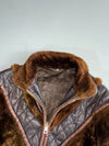 Vintage Italian Brown Sherpa Fur Jacket with Quilted Leather Chevron Yoke – Made in Italy (S/M)
