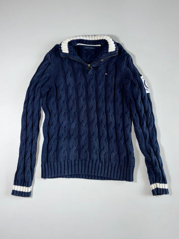Y2K Tommy Hilfiger Navy Cable Knit Quarter Zip Sweater – Tipped Collar & Crest Patch – (M)