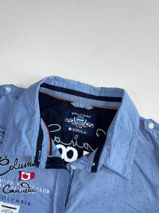 Soccx Blue Embroidered Canada Patch Button-Up Shirt (M)