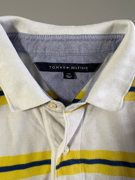 Tommy Hilfiger White & Yellow Striped Polo T-Shirt (L/XL)