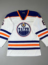 Edmonton Oilers Vintage Hockey Jersey — White | Blue & Orange Stripe (M/L)