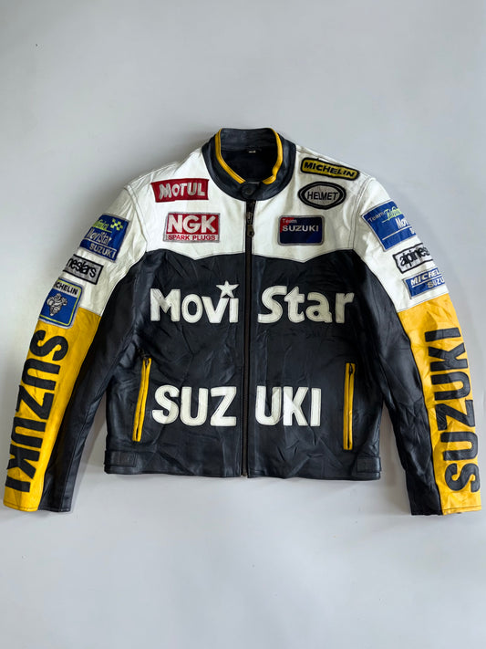 Top Gear Genuine Leather Movistar Suzuki MotoGP Racing Jacket Multi-Sponsor Patches (Paded)(M)