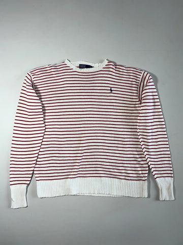 Vintage 90s Polo Ralph Lauren Breton Stripe Knit Sweater – White/Red (XL/2XL)