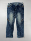 Japanese Oni Leather-Patch Brocade Panel Jeans embroidered (W:42) (L:44.5)