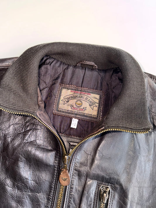 90s Armani Jeans (AJ) Vintage Brown Leather A-2 Style Flight Bomber Jacket (M/L)