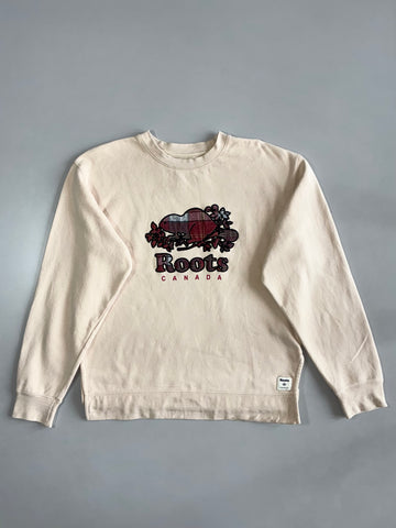 Roots Canada Embroidered Logo Crewneck Sweatshirt – Cream (M)
