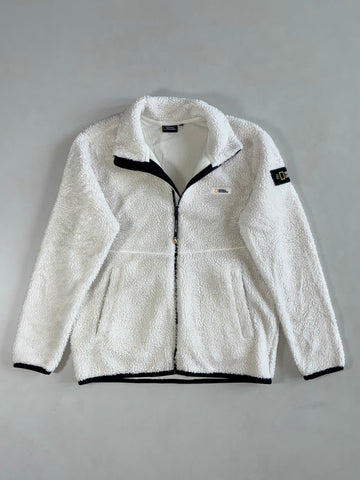 National Geographic White Sherpa Fleece Zip Jacket – Black Trim – Sleeve Patch (S)