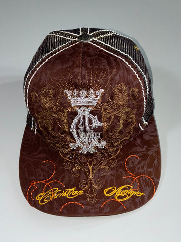 Vintage Y2K Christian Audigier Crown & Lions Embroidered Trucker Hat – Brown (Adjustable)