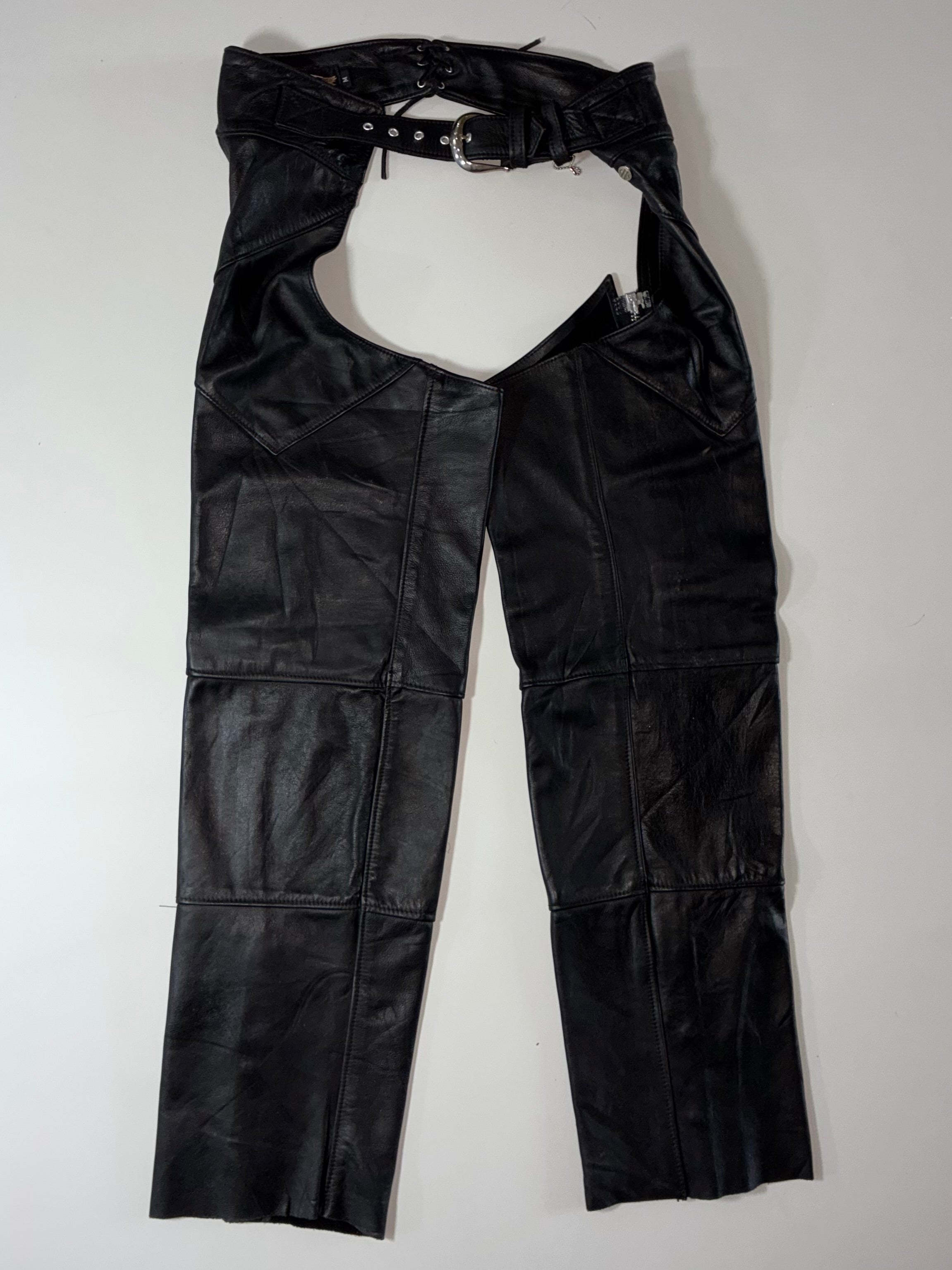 Vintage Harley-Davidson Black Leather Biker Chaps, Made in USA (W