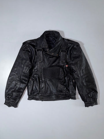 Vintage Black Moto Utility Leather Jacket with Harness Straps (S)