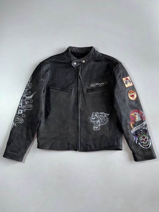 Ed Hardy by Christian Audigier | Tiger Tattoo-Print Pure Leather Café Racer Biker Jacket (M)