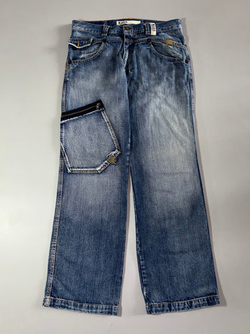 Y2K W.J8.0 Vintage Fatigues Zip Pocket Baggy Jeans – Blue (W:34) (L:43.5)