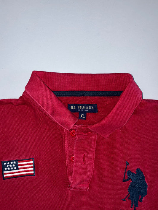 U.S.Polo Assn. USPA Big Pony Polo Shirt | Red American Flag Patch Short Sleeve Cotton (L)