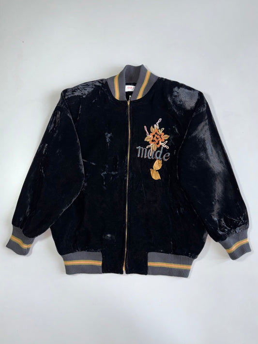 I-Ley Made Designs Black Velvet Floral Fully Embroidered Bomber Jacket (M)