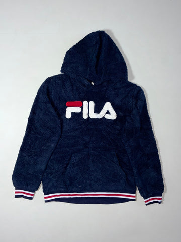 Vintage Fila Navy Blue Sherpa Fleece Logo Hoodie (S)