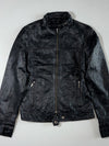 Black Leather-Look Café Racer Jacket with Snap Collar & Zip Pockets (XS)