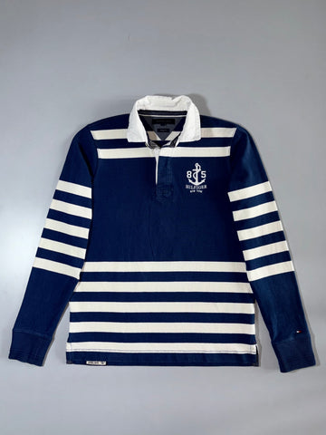 Tommy Hilfiger Navy & White Striped Rugby Polo Vintage Fit (L)