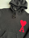 AMI Paris Black Knit Hoodie with Red Ami de Coeur Logo (L)