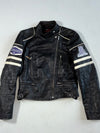 Vintage Bomb Boogie Black Leather Racing Patch Biker Jacket (XS)