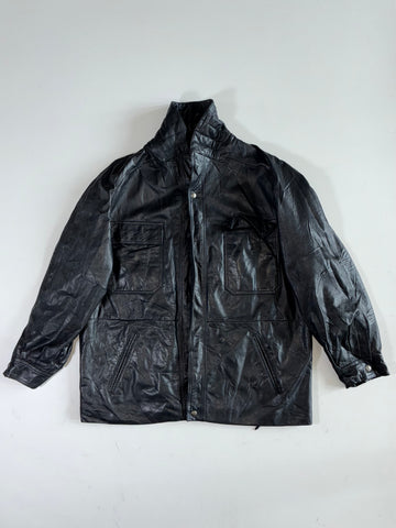 Vintage Black Leather Utility Field Jacket (2XL)