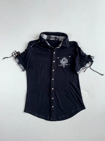 Sexpot Revenge Y2K Black Snakeskin Trim Lace-Up Shirt won’t Women’s (S)