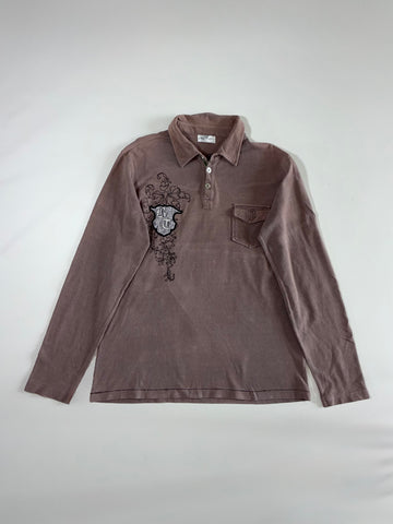 Big Train Embroidered Crest Long Sleeve Polo Shirt – Washed Brown (L)