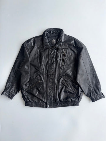 Vintage Black Leather Bomber Jacket (2XL)