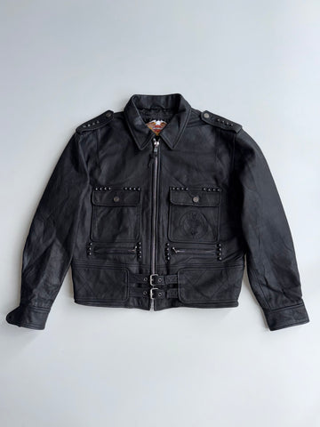 Vintage 90s Harley-Davidson Genuine Leather Studded Biker Jacket  Pyramid Studs, Belted Waist (L)