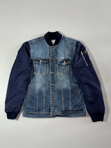 Pull&Bear Denim Bomber Jacket with Navy Nylon Sleeves, (M)