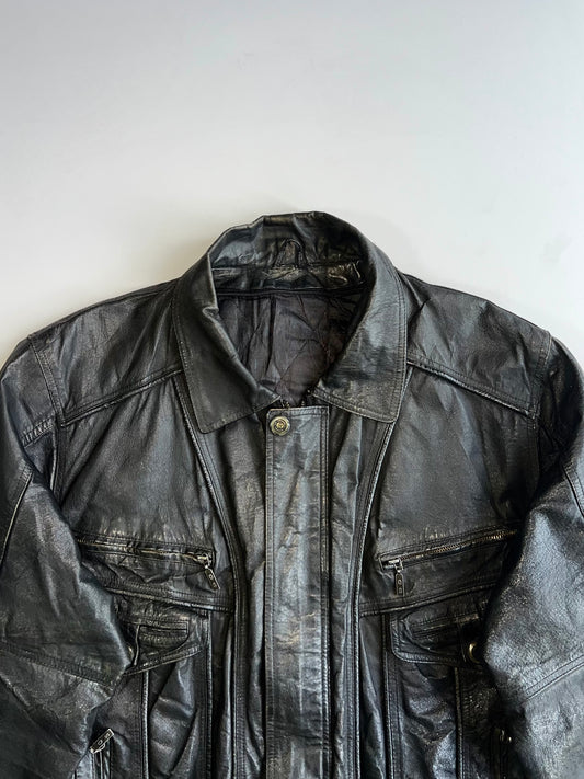 Vintage 90s Multi-Pocket Leather Bomber Jacket Belted Hem Black (L/XL)