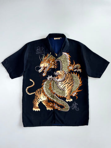All Things Collection Vintage Dragon & Tiger Japanese-Style Satin Short Sleeve Shirt (L)