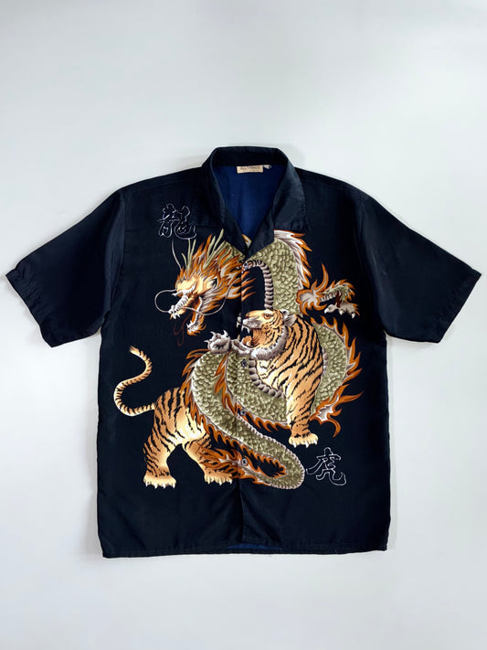 All Things Collection Vintage Dragon & Tiger Japanese-Style Satin Short Sleeve Shirt (L)