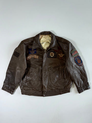 Vintage USA Service Patch Distressed Brown Leather Flight Jacket (XL)