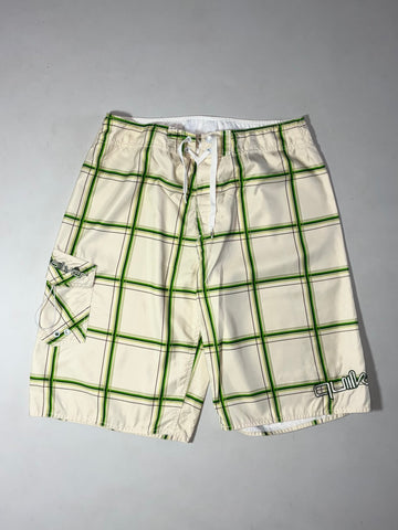 Vintage Quiksilver Cream Green Plaid Board Shorts (W:32) (L:24)