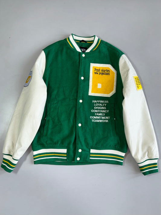 Zara “Ongoing Shift / Reconnecting With Reality” Varsity Bomber Jacket — Denim Squad Surfer Graphic / Leather Sleeves (M/L)