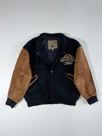 Vintage New Boys Castle Wool Varsity Jacket – Black/Tan Suede Sleeves (XL)