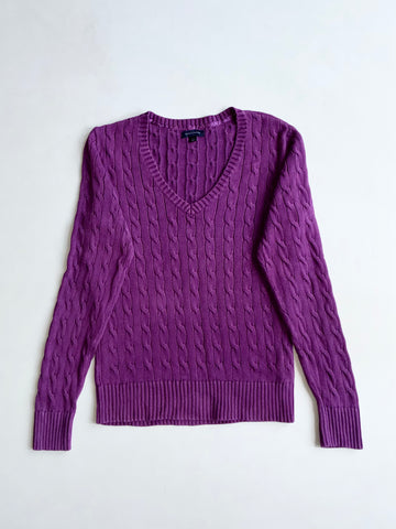 Tommy Hilfiger Purple Cable Knit V-Neck Sweater (S)