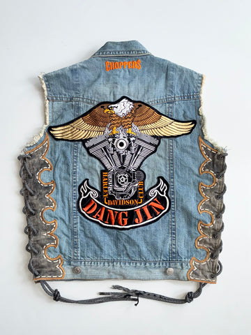 Rare Harley-Davidson “Dang Jin” Eagle Engine Lace-Up Denim Biker Vest(M)