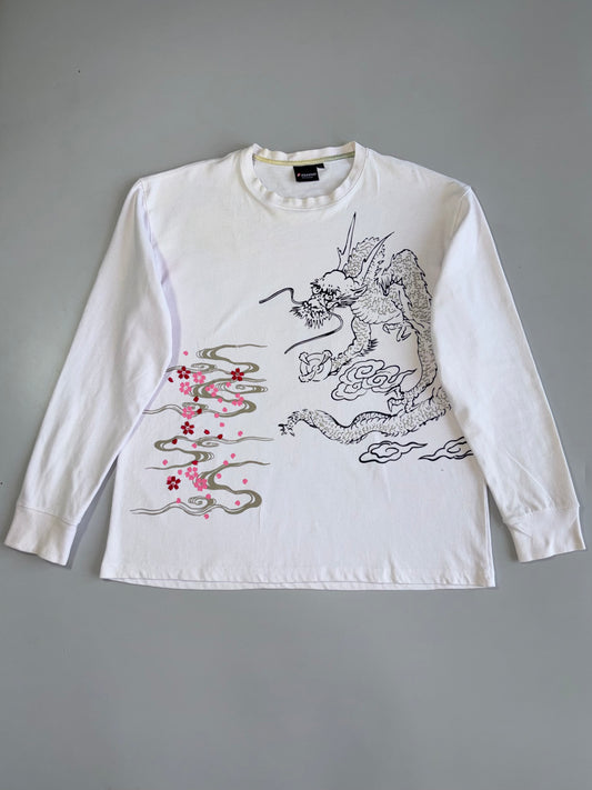 Vintage Japanese Dragon & Sakura Graphic Printed Full Sleeve T-Shirt (XL)