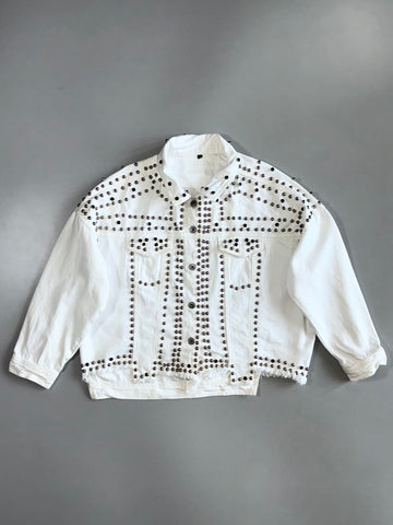 Heavy All-Over Silver Dome & Black Mirror Stud Embellished White Raw Hem Denim Jacket (L)
