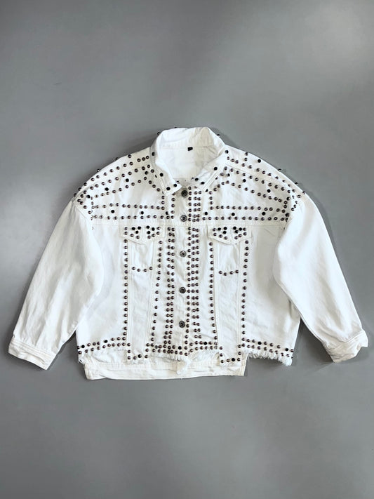 Heavy All-Over Silver Dome & Black Mirror Stud Embellished White Raw Hem Denim Jacket (L)