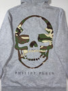 Philipp Plein Homme Grey Zip-Up Hoodie with Camo-Lined Hood & Studded Patch (L)