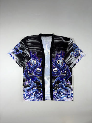 Blue Dragon Print Japanese Style Open Front Kimono Shirt (XL)