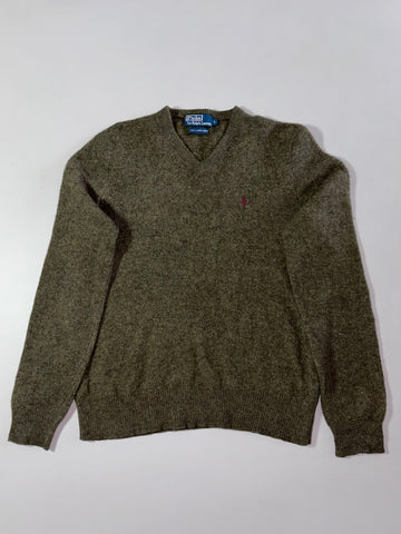 Vintage 90s Polo by Ralph Lauren Olive Green Lambswool V-Neck Sweater – Burgundy Pony (S)