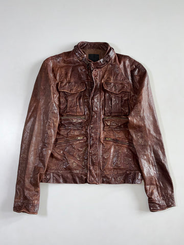 Codes Combine for Men  Brown Leather Jacket  Multi-Pocket Zip Utility Jacket (S)