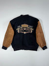 Vintage New Boys Castle Wool Varsity Jacket – Black/Tan Suede Sleeves (XL)